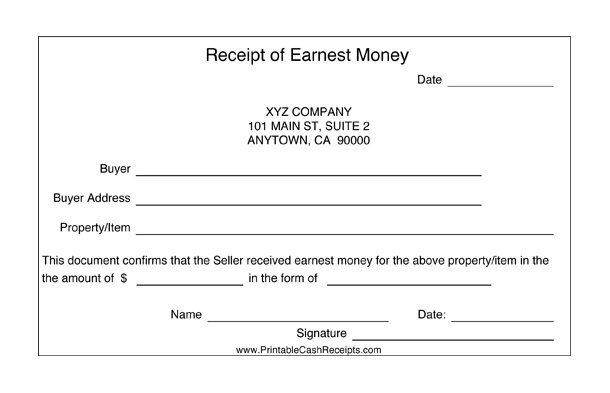 Receipts for Earnest Money (2 per page) cash receipt