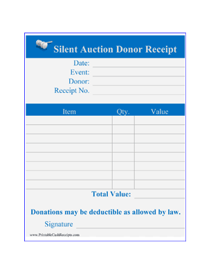 Silent Auction Donor Receipts (4 per page) cash receipt
