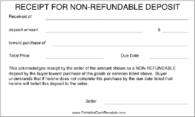 Non-refundable Deposit Receipt cash receipt