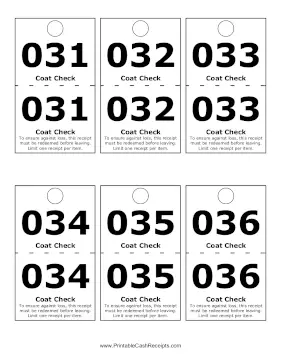 Numbered Coat Check Receipt 6 cash receipt