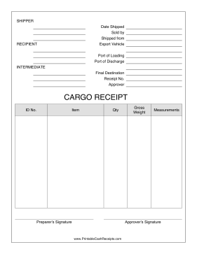 Cargo Receipt cash receipt