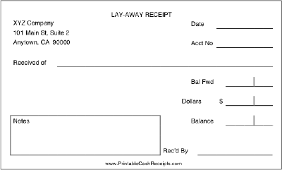 Layaway Receipt cash receipt
