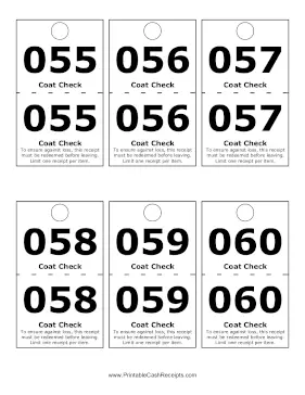 Numbered Coat Check Receipt 10 cash receipt