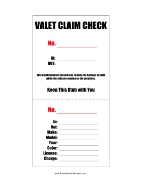 Valet Claim Check cash receipt