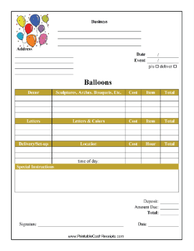 Balloon Bouquet Or Sculpture Receipt cash receipt