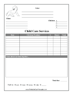 Child Care Receipt cash receipt