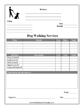 Dog Walking Service Receipt cash receipt