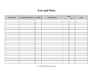 Fees and Fines Log cash receipt