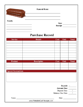 Funeral Home Receipt cash receipt