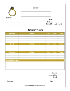 Jewelry Cleaning Resizing Receipt cash receipt