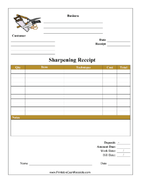 Sharpening Service Receipt cash receipt