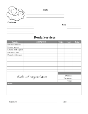 Birth Doula Payment Record cash receipt