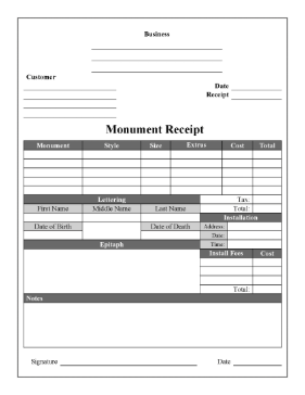 Headstone Monument Receipt cash receipt