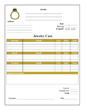 Jewelry Cleaning Resizing Receipt cash receipt