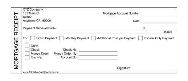 Mortgage Receipts (3 per page) cash receipt