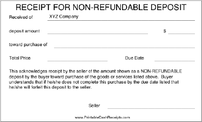 Non-refundable Deposit Receipt cash receipt