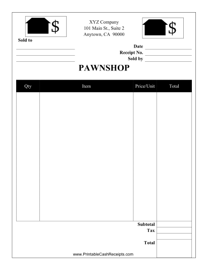 Pawn Shop Receipt cash receipt