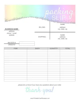 Rainbow Packing Slip cash receipt